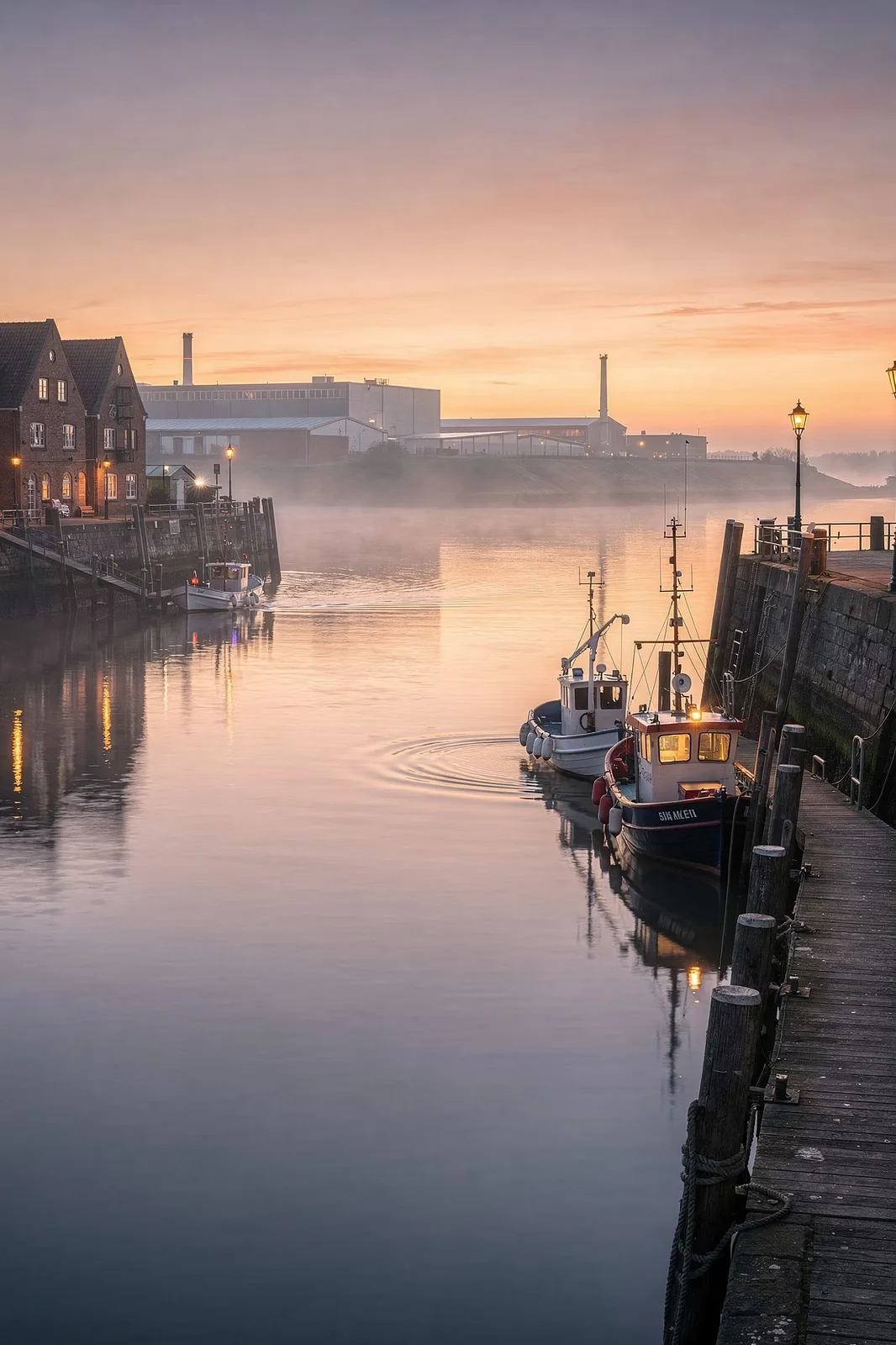 Ruhiger norddeutscher Hafen bei gedämpftem Licht